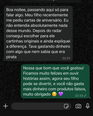 Depoimento de cliente no WhatsApp sobre escolher cartas originais para o filho