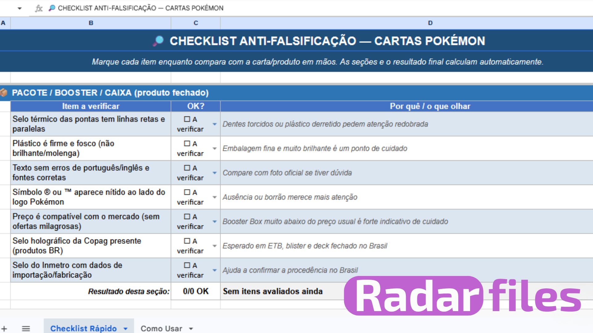 Radar Files — planilha anti-falsificação