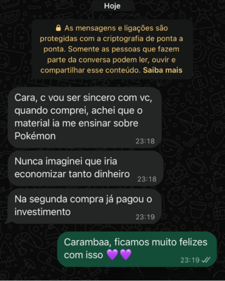 Depoimento de cliente no WhatsApp contando que economizou dinheiro após o Kit